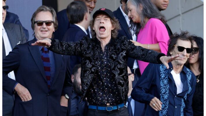 The Rolling Stones band members Mick Jagger (C) and Ronnie Wood (R) attend the Spanish LaLiga soccer match between FC Barcelona and Real Madrid, in Barcelona, Catalonia, Spain, 28 October 2023. EPA/Quique Garcia