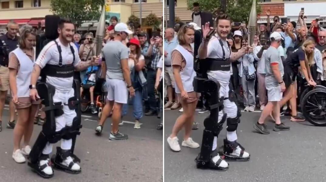 Παραπληγικός αθλητής μεταφέρει την Φλόγα με την βοήθεια εξωσκελετού για τους Ολυμπιακούς Αγώνες
