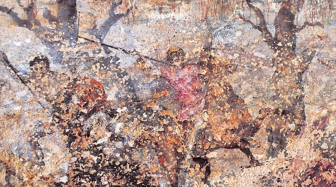 Λεπτομέρεια από το εξώφυλλο του βιβλίου «Βεργίνα. Ο Τάφος του Φιλίππου - Η Τοιχρογραφία με το Κυνήγι» της Χρυσούλας Σαατσόγλου-Παλιαδέλη