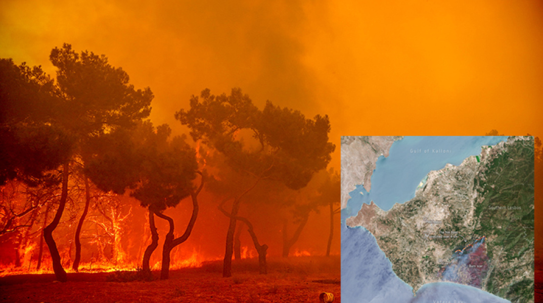 Δορυφορική εικόνα για την έκταση της φωτιάς στα Βατερά της Λέσβου