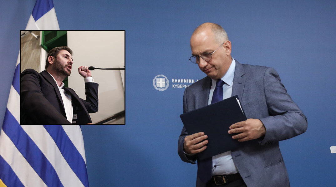 Ο κυβερνητικός εκπρόσωπος Γιάννης Οικονόμου και ο πρόεδρος του ΠΑΣΟΚ - ΚΙΝΑΛ Νίκος Ανδρουλάκης