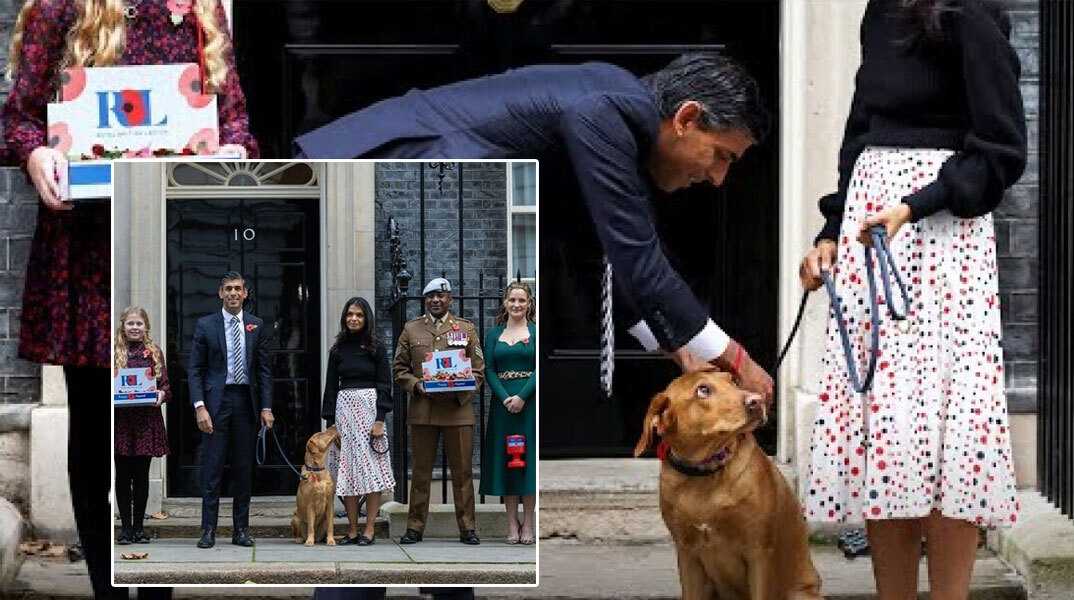 Ο Ρίσι Σούνακ χαϊδεύει τον σκύλο του έξω από την Ντάουνινγκ Στριτ 10