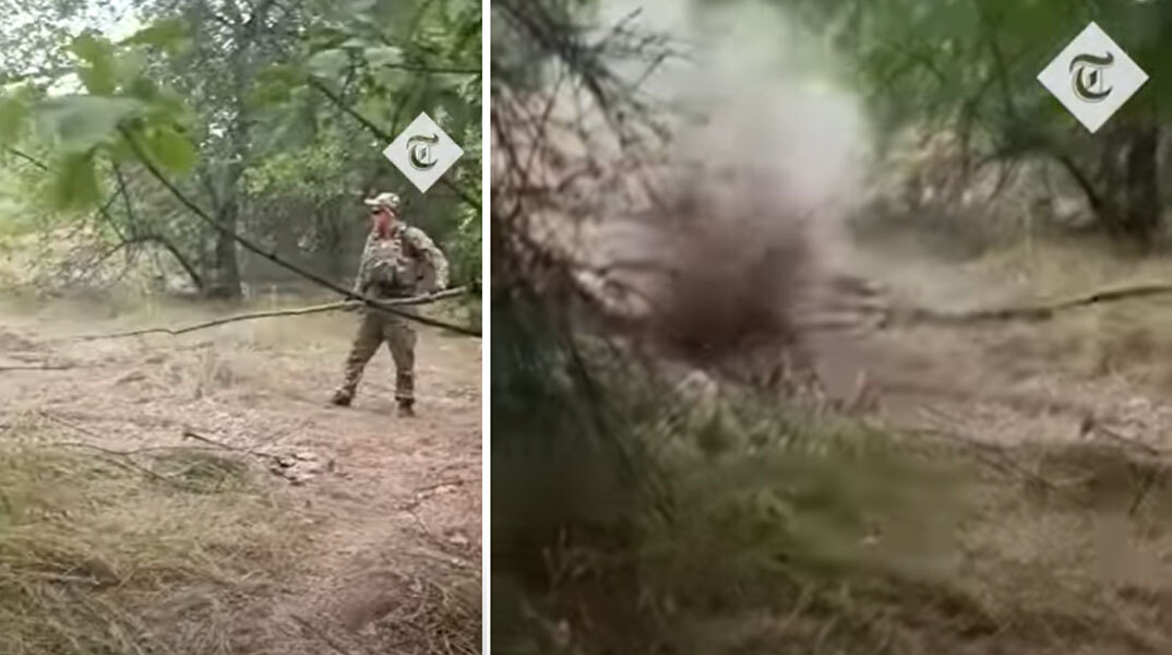 Ουκρανός στρατιώτης εξουδετερώνει ρωσική νάρκη, χρησιμοποιώντας ένα κλαδί δέντρου