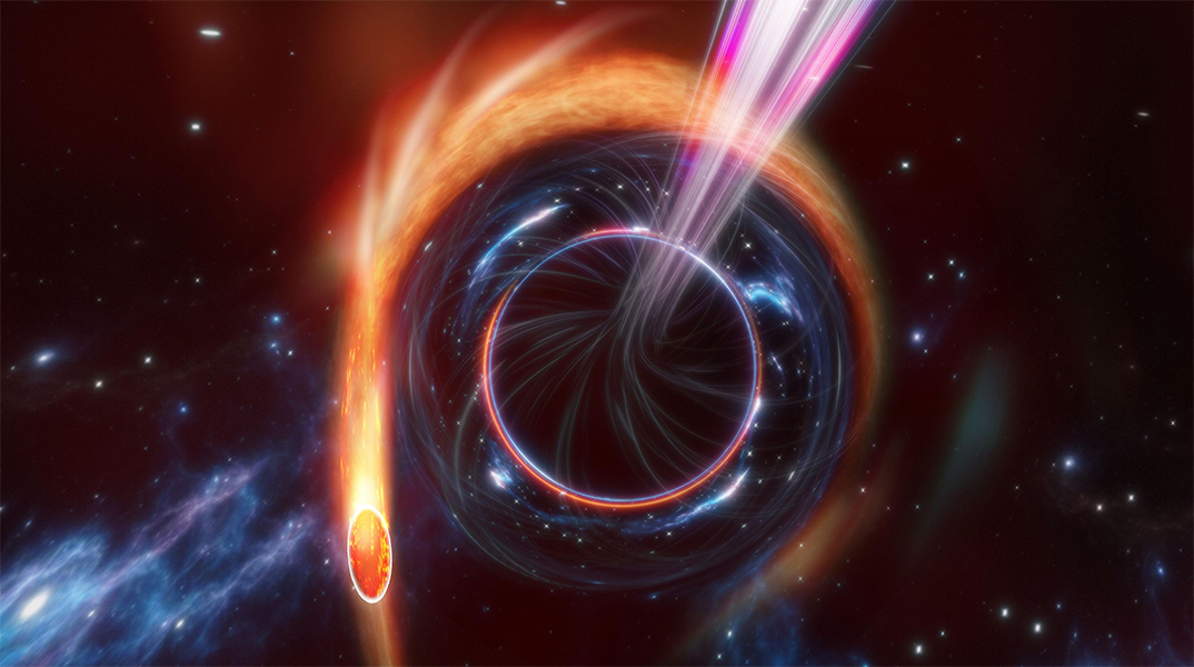 Καλλιτεχνική απεικόνιση της πιο μακρινής μαύρης τρύπας που εντόπισαν οι επιστήμονες