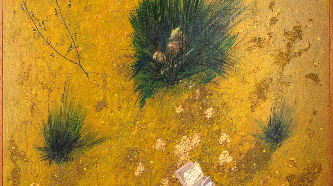 Σπύρος Βασιλείου (π.1902-1985), Τέλος εποχής | υπογεγραμμένο και χρονολογημένο κάτω δεξιά: Σπύρος Βα- / σιλείου / 72, ακρυλικό, άμμος και collage σε μουσαμά, 60 x 81 εκ., € 2.000-3.000