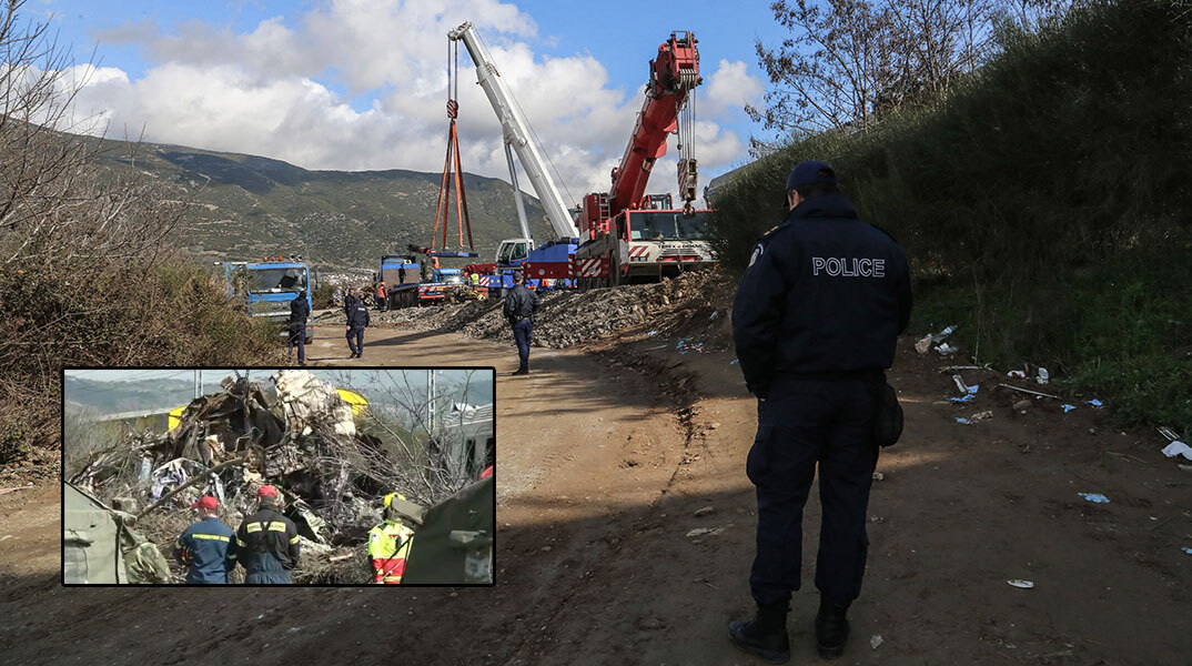 Γερανοφόρα οχήματα στον τόπο της τραγωδίας στα Τέμπη | Ένθετη: Ό,τι απέμεινε από το βαγόνι - κυλικείο