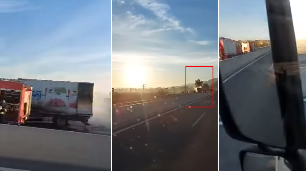 Το φορτηγό που πήρε φωτιά στην Εθνική Οδό Πατρών - Κορίνθου