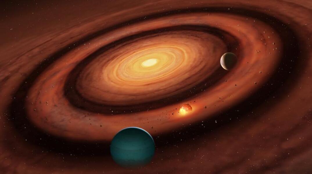 Καλλιτεχνική απεικόνιση του τρόπου με τον οποίο μπορούν να σχηματιστούν μικροί πλανήτες ανάμεσα σε δύο μεγαλύτερους.