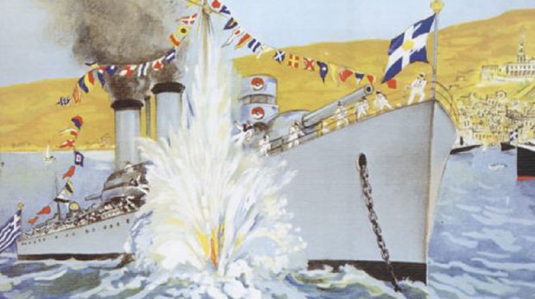 Καλλιτεχνική απεικόνιση του τορπιλισμού της «Έλλης» από εφημερίδα της εποχής