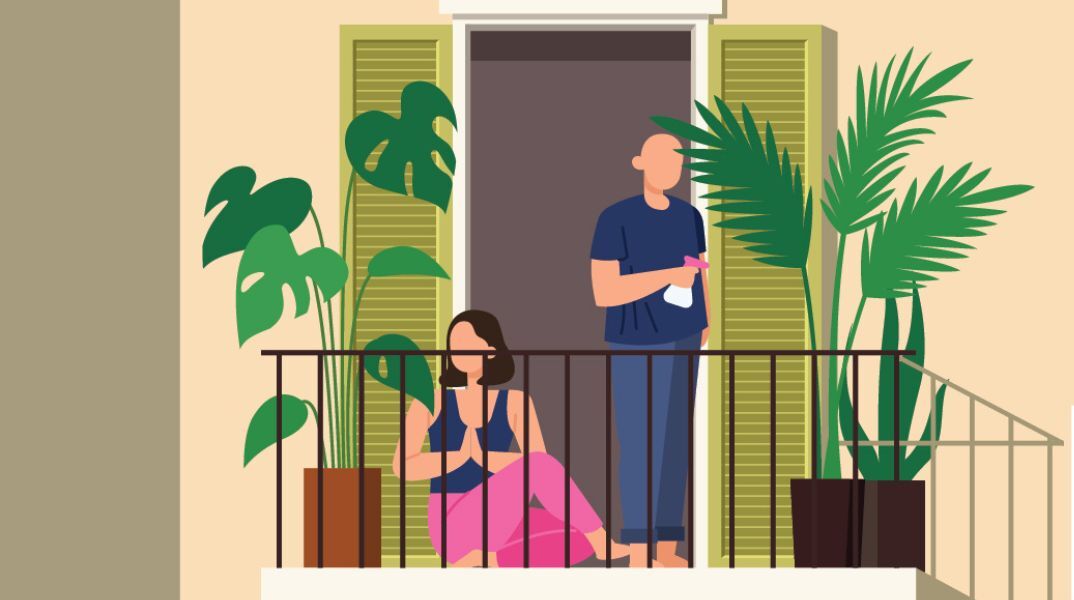 «Πρασινίζουμε την πόλη»: Πόστερ για τον διαγωνισμό του δήμου Αθηναίων με φιγούρες που έχουν «πράσινο» στα μπαλκόνια τους