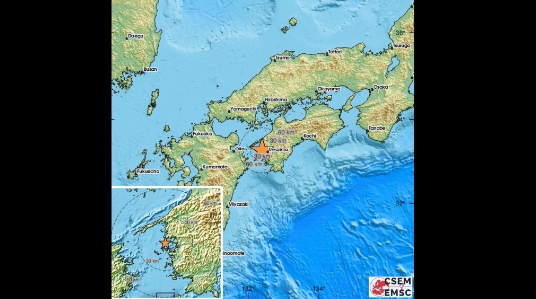χάρτης Ιαπωνίας με το επίκεντρο του σεισού