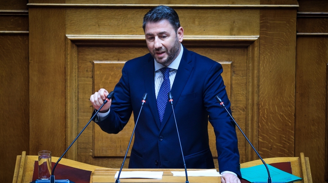 Ο Νίκος Ανδρουλάκης μιλάει στο μικρόφωνο στο βήμα της Βουλής