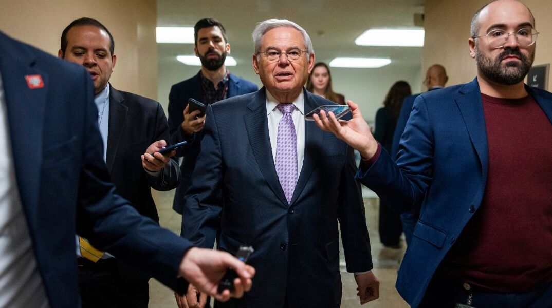 Democratic Senator from New Jersey Robert Menendez (C) speaks to reporters on his way to the Senate floor to vote on a stopgap bill to fund the federal government in the US Capitol in Washington, DC, USA, 18 January 2024. This will be the third time in three months that lawmakers have voted on a continuing resolution to keep the government funded. The House plans to vote on the bill later in the day. EPA/JIM LO SCALZO