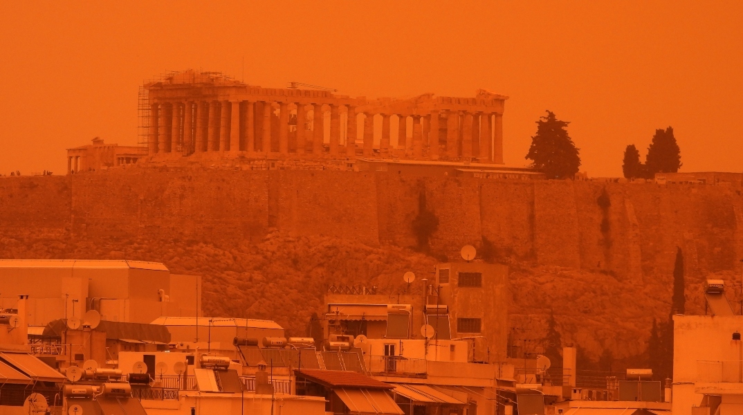 ακροπολη, σπιτια, πορτοκαλί ουρανος