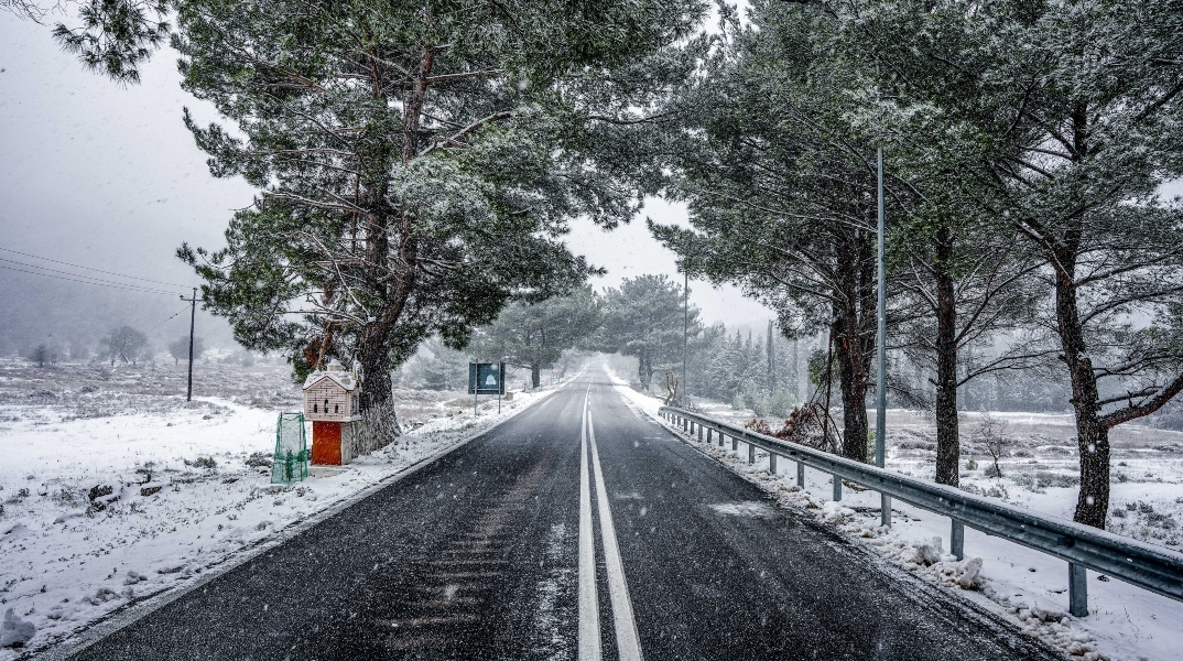 χιονισμενο τοπιο, δασος, δεντρα, δρομος