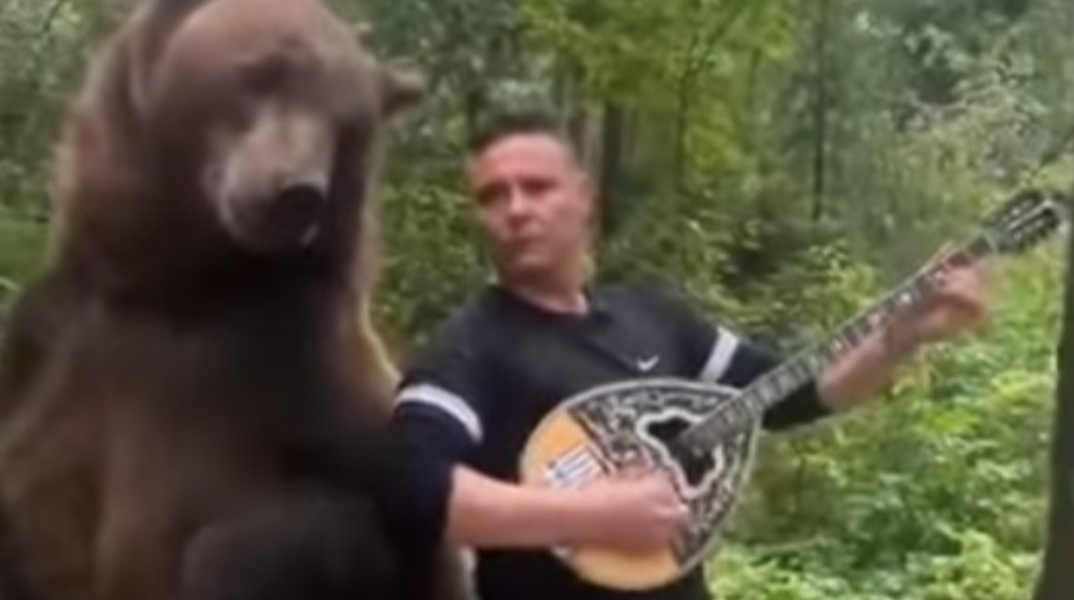 Έλληνας ομογενής παίζει μπουζούκι παρέα με μια αρκούδα
