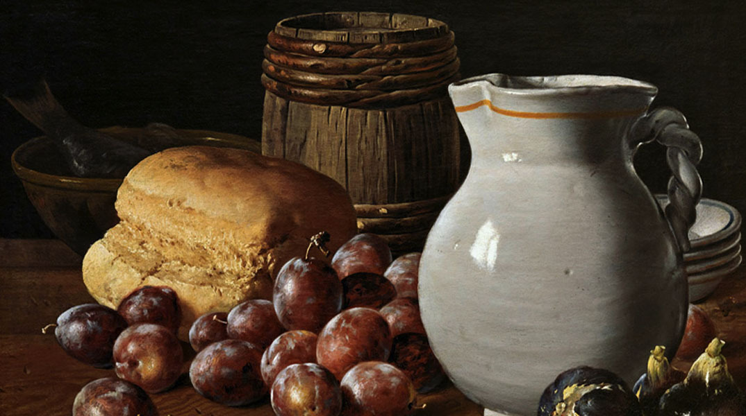 Σύνθεση με δαμάσκηνα, σύκα, ψωμί και ψάρι του Λουίς Εχίδιο Μελέντες, 1770