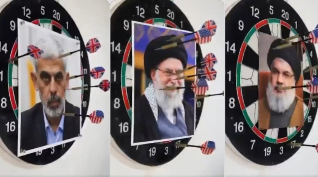 Ο Νετανιάχου παίζει «βελάκια» με τα πρόσωπα των Σινουάρ, Νασράλα και Χαμενεΐ – Βίντεο