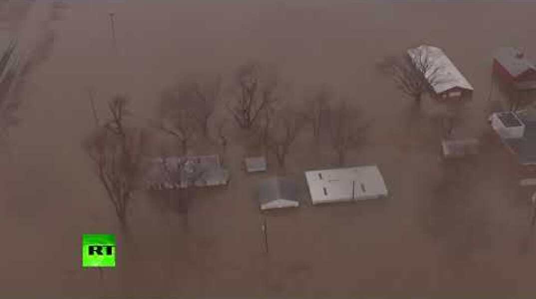 Aerial view of Nebraska under water as state of emergency is declared for 70% of the state