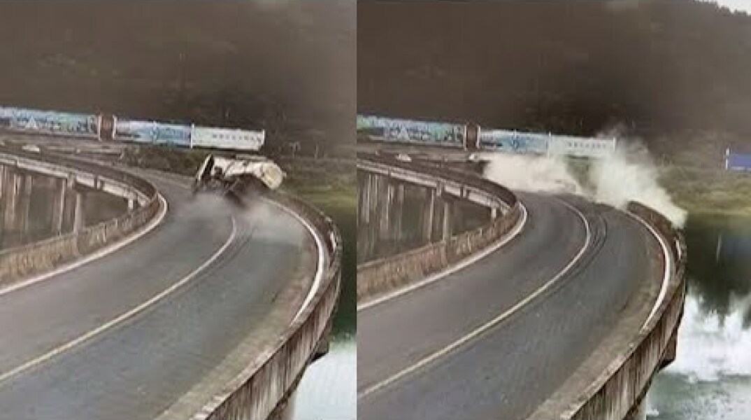 Blown tire causes truck rollover into lake in east China