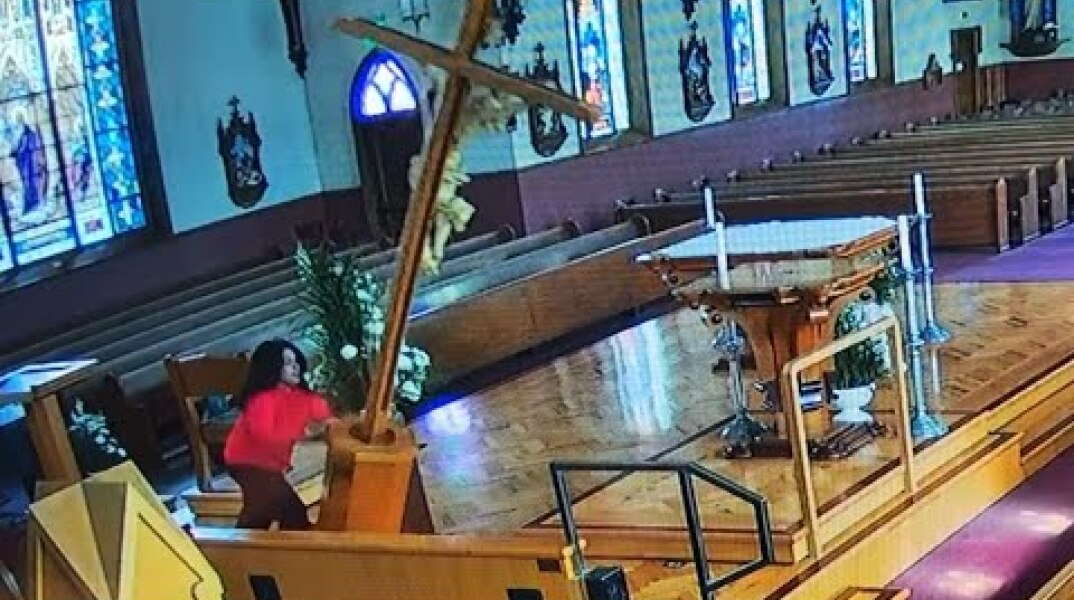 CATCH ON VIDEO: Watsonville woman topples crucifix during catholic church vandalism rampage