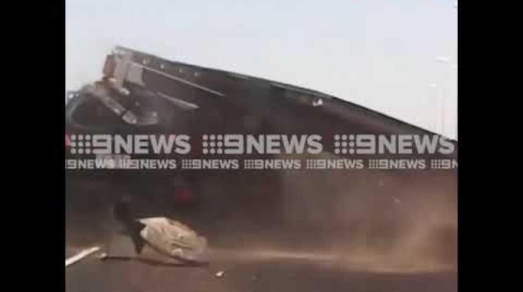 Final Destination Melbourne. overhead freeway sign fell crushing a passing driver's car