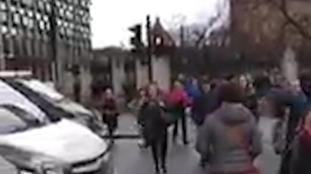 People flee parliament as gunshots ring out – video