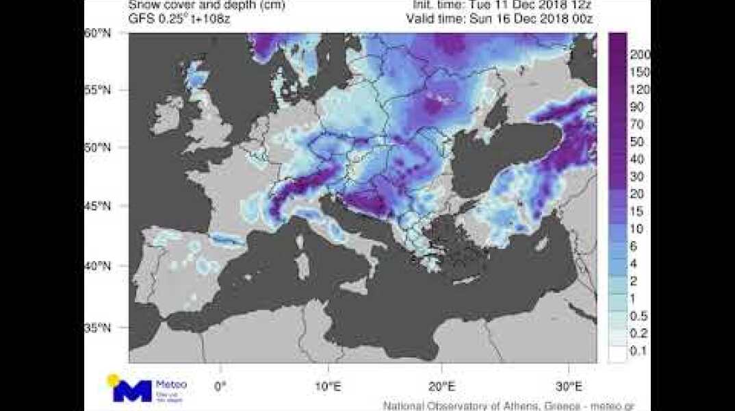 Πρόγνωση έκτασης χιονοκάλυψης στην Ευρώπη 11 - 17/12/2018