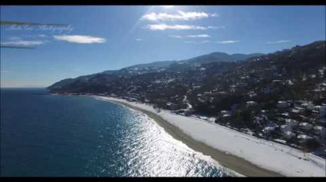 Pelion-Horefto beach (snow) Aerial view (drone) | MataGeo Photography