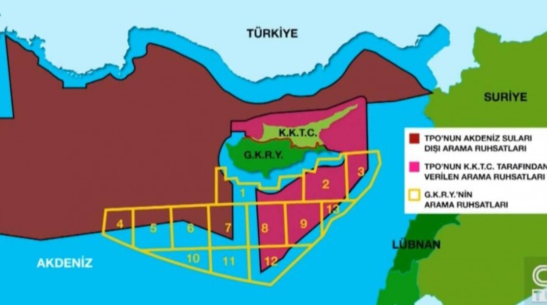Χάρτης που δείχνει την ελληνική και κυπριακή ΑΟΖ ως μέρος της τουρκικής υφαλοκρηπίδας 
