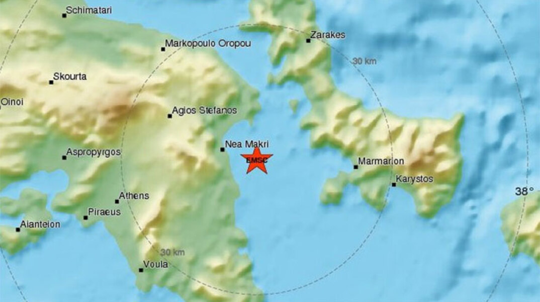 Χάρτης με το επίκεντρο του σεισμού στην Αττική