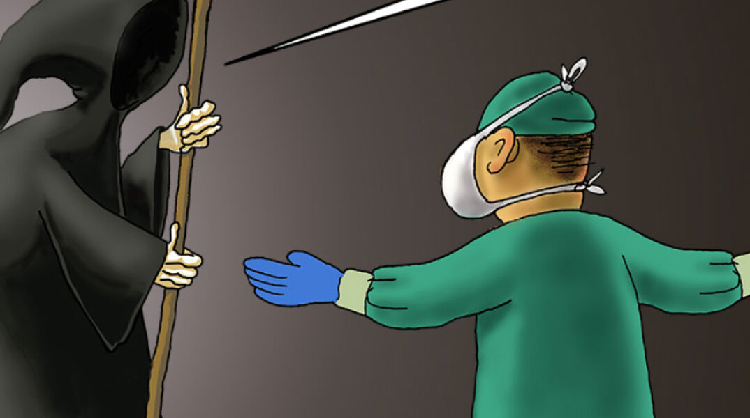 Το σκίτσο του Αρκά για τον κορωνοϊό με τον γιατρό που κλείνει τον δρόμο στον Χάρο