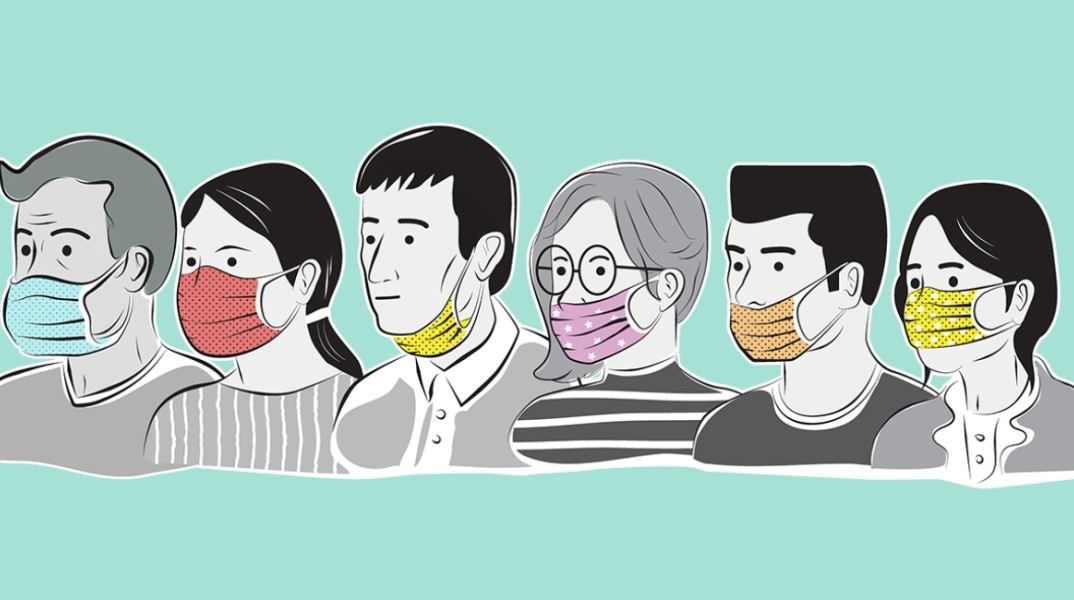 Σκίτσο ανθρώπων που φορούν χειρουργικές μάσκες με σωστό και λάθος τρόπο