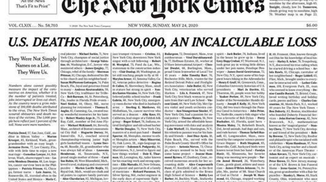 Συγκλονίζουν οι New York Times με το προσκλητήριο νεκρών από τον κορωνοϊό στο πρωτοσέλιδό τους