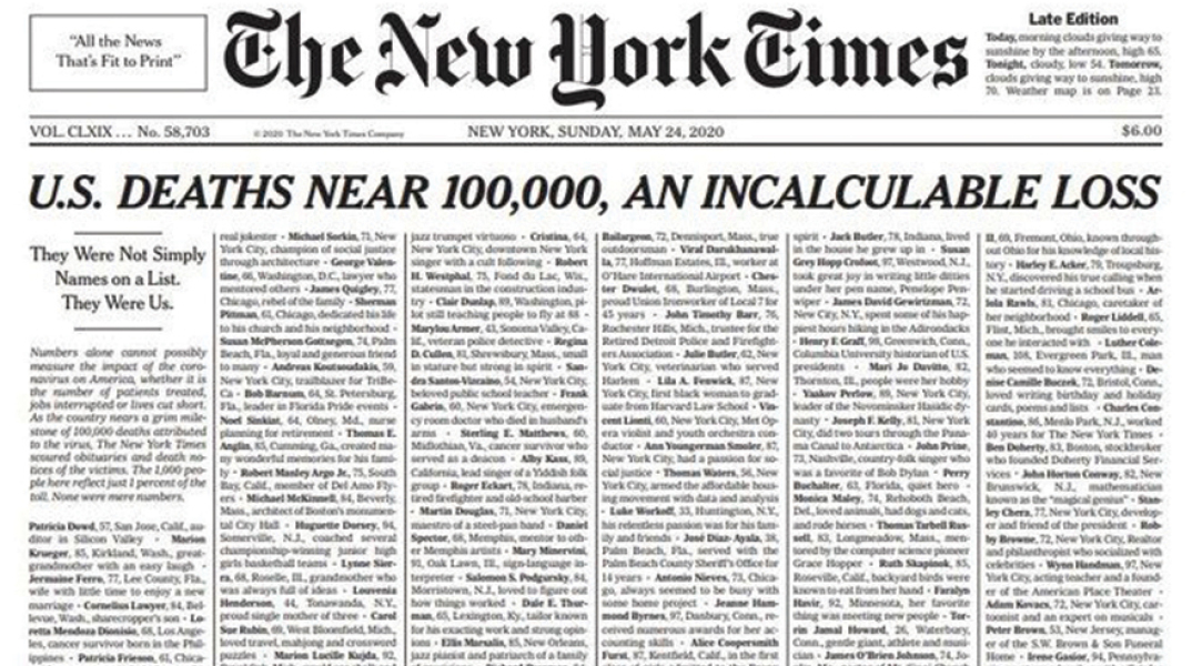 1.000 ονόματα θανόντων από κορωνοϊό αναγράφονταν στο πρωτοσέλιδο των «New York Times» 