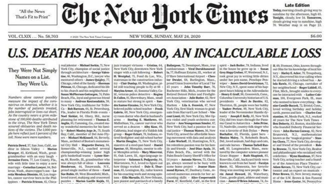 1.000 ονόματα θανόντων από κορωνοϊό αναγράφονταν στο πρωτοσέλιδο των «New York Times» 