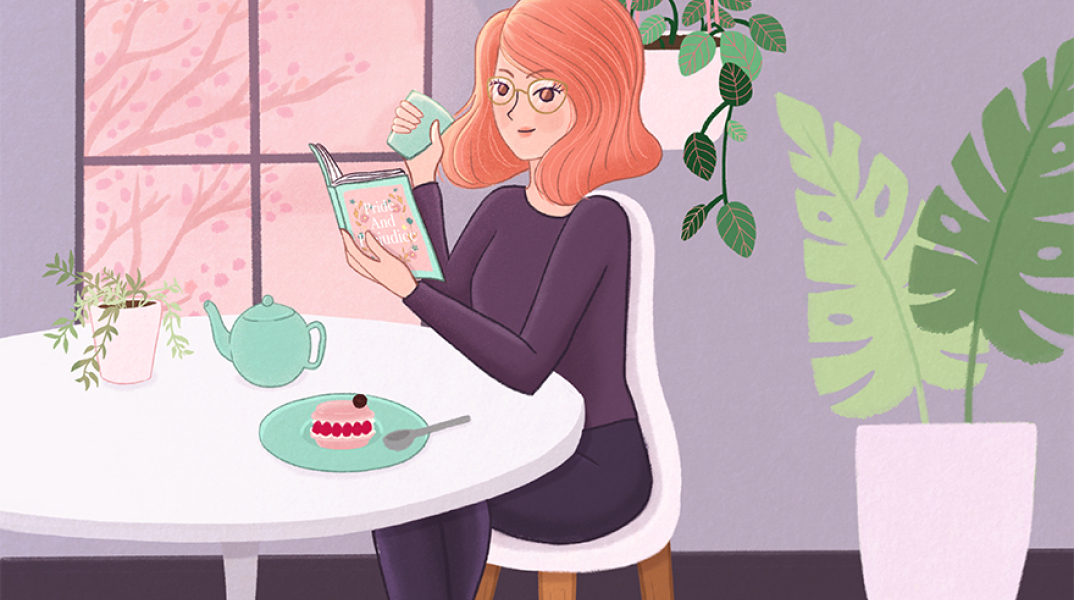Γυναίκα διαβάζει βιβλίο ενώ πίνει τσάι και τρώει
