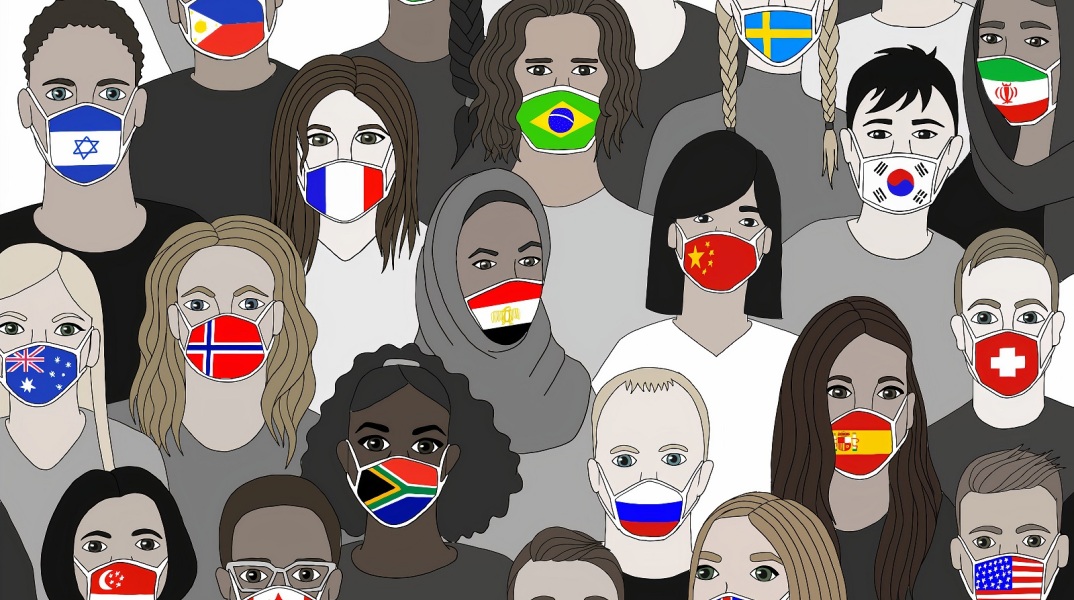 Εικονογράφηση - Άνρωποι που φορούν μάσκες προστασίας από τη νόσο covid-19