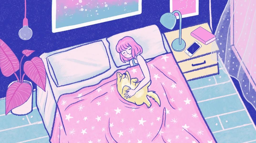 Εικονογράφηση γυναίκας που κοιμάται με τον σκύλο της