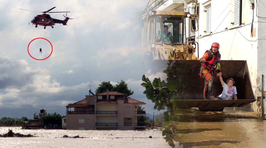 Δραματική διάσωση κατοίκων στην Εύβοια που επλήγη από κακοκαιρία - Πυροσβέστες τούς απομάκρυναν με ελικόπτερο και μπουλντόζα