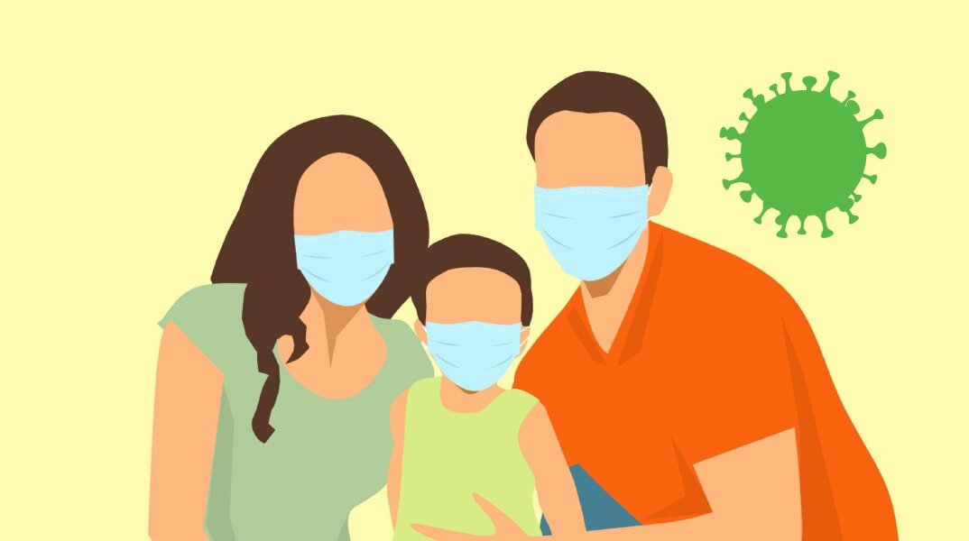 Εικονογράφηση οικογένειας που φορά μάσκες προστασίας