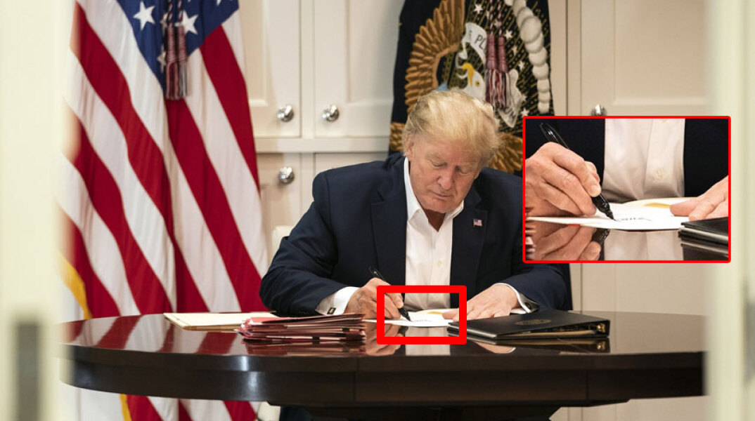 Ο Ντόναλντ Τραμπ στην προεδρική σουίτα του στρατιωτικού νοσοκομείου όπου νοσηλεύεται με κορωνοϊό, υπογράφει σε λευκή σελίδα