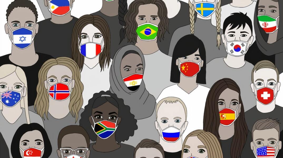 Σκίτσο με πολίτες που φορούν μάσκες κατά του κορωνοϊού