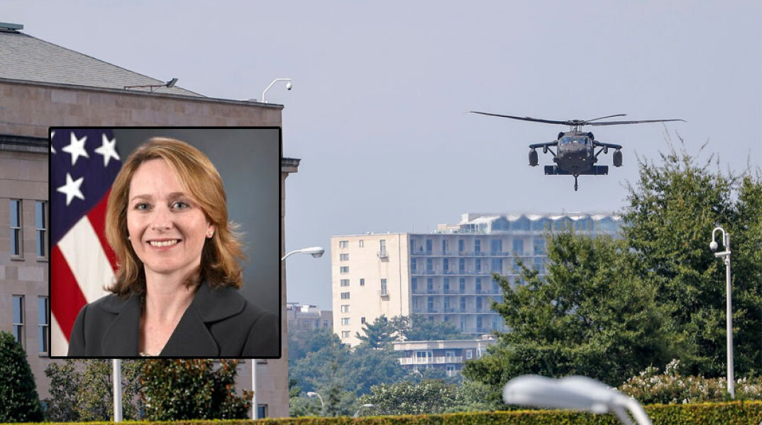 Στρατιωτικό ελικόπτερο απογειώνεται από το αμερικανικό Πεντάγωνο |  Ένθετη: Κάθλιν Χικς, το νέο Νο2 στην ηγεσία του υπουργείου