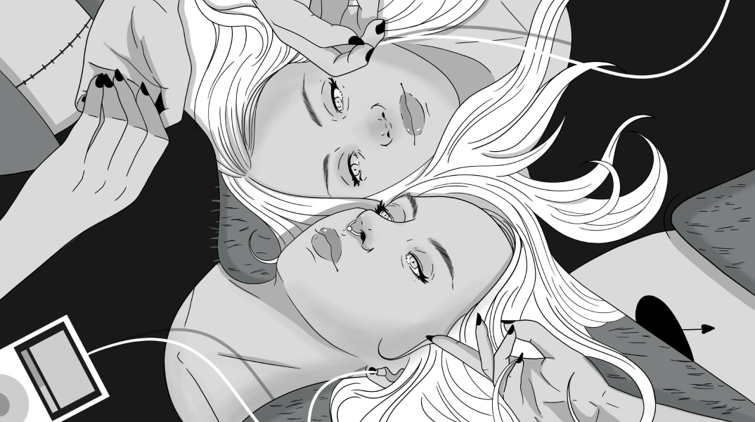 Εικονογράφηση γυναικών που ακούνε μουσική με ακουστικά