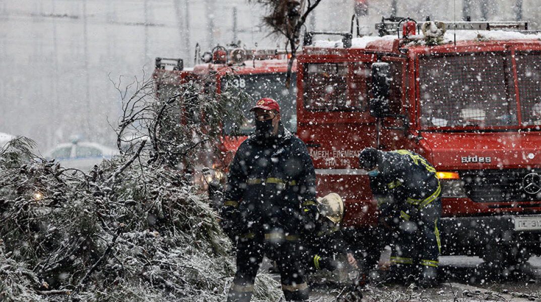 Κακοκαιρία «Μήδεια»: Πυροσβέστες κόβουν πεσμένο δέντρο στη Βασιλίσσης Σοφίας εν μέσω χιονόπτωσης