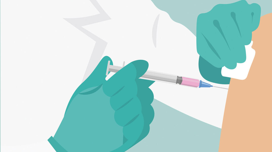 Σκίτσο που δείχνει εμβολιασμό στο χέρι