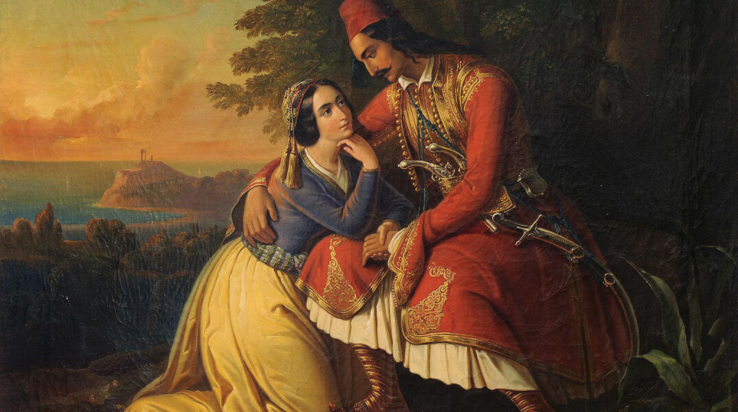 Πίνακας ζωγραφικής «Αποχαιρετισμός στο Σούνιο» δείχνει πολεμιστή και κοπέλα 