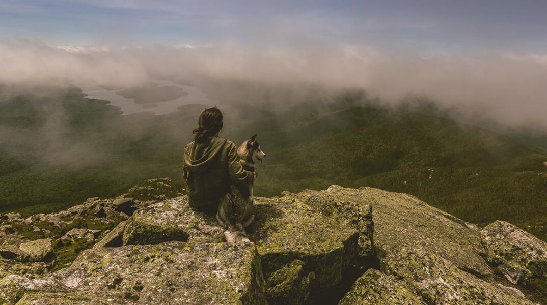 Γυναίκα και σκλυλος στην άκρη του βουνού χαζεύοντας τη θέα