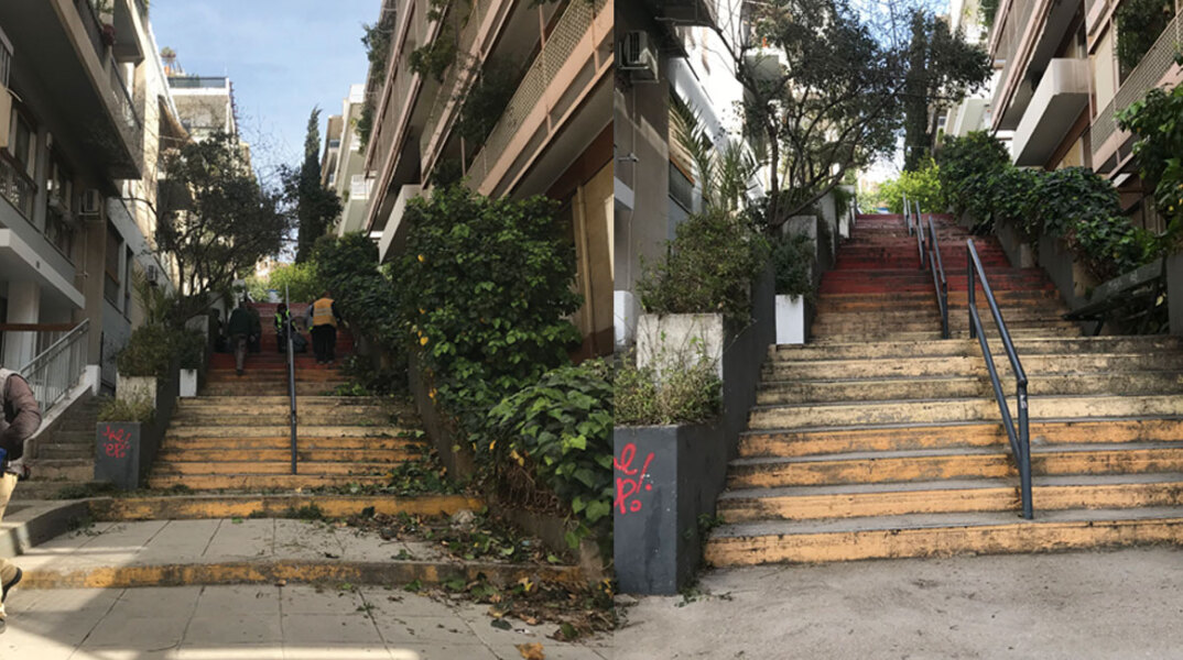 Η οδός Μαρασλή στο Κολωνάκι πριν (αριστερά) και μετά (δεξιά) τον καθαρισμό από το Δήμο